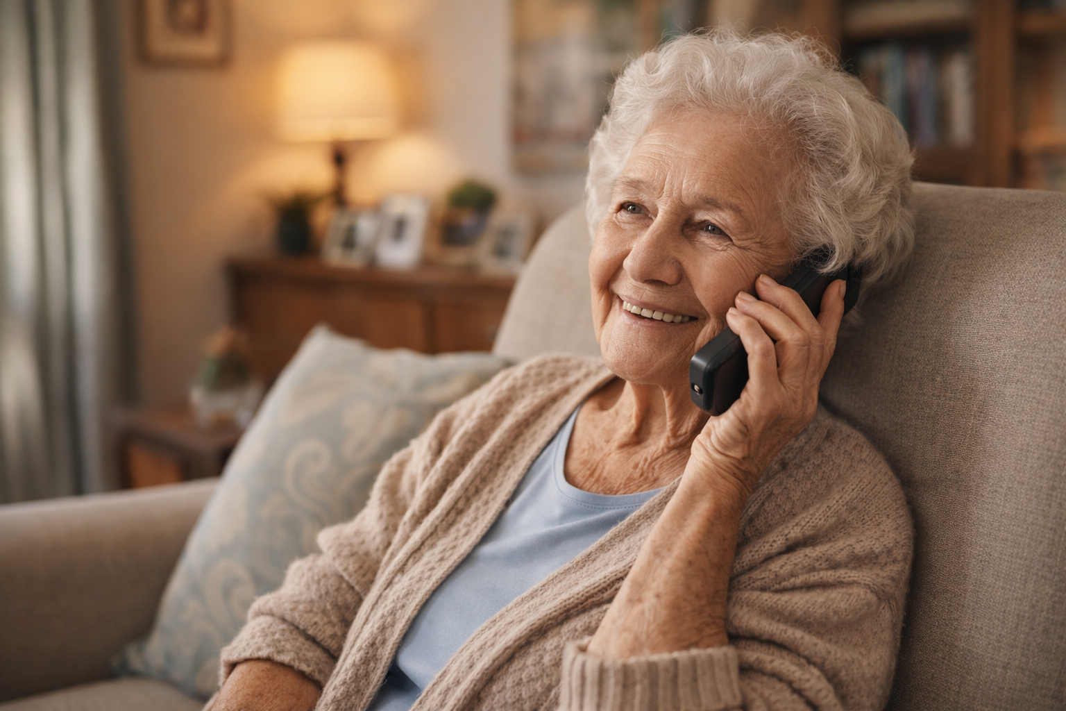 Older woman smiling while talking on the phone at home